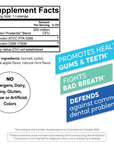 BioGaia Prodentis Apple probiotic lozenges packaging with supplement facts panel, no allergens circle, and banners promoting support for healthy gums teeth and fresh breath