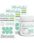 Three BioGaia Prodentis Apple probiotic lozenges boxes and a jar for healthy gums and teeth