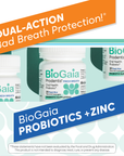BioGaia Prodentis Fresh Breath probiotic lozenges with zinc, shown on teal backdrop with orange dual action and blue probiotics banners.