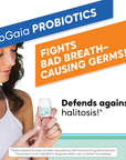 Woman holding BioGaia Prodentis Fresh Breath probiotic lozenges bottle, with bold orange text about fighting bad breath causing germs.