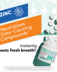 BioGaia Prodentis Fresh Breath probiotic lozenges with zinc bottle and scattered pills against bold orange and blue promotional panels.