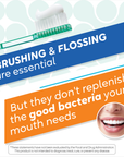 Promotional graphic for BioGaia Prodentis Fresh Breath probiotic lozenges with zinc showing a toothbrush with toothpaste, blue Brushing & Flossing are essential banner, orange mouth health banner, and a circular image of a smiling mouth.