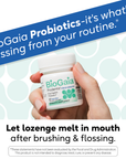 Hand holding white BioGaia Prodentis Fresh Breath probiotic lozenges bottle with zinc.