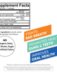 BioGaia Prodentis Fresh Breath probiotic lozenges infographic with supplement facts, zinc content, and banners that offer support to fight bad breath and promote healthy gums and teeth.