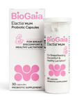 BioGaia Elactia MUM probiotic capsules box and bottle with pink branding and lactation messaging