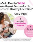 BioGaia Elactia MUM probiotic capsules packaging with a mother and baby photo and copy about easing breast discomfort and promoting healthy lactation