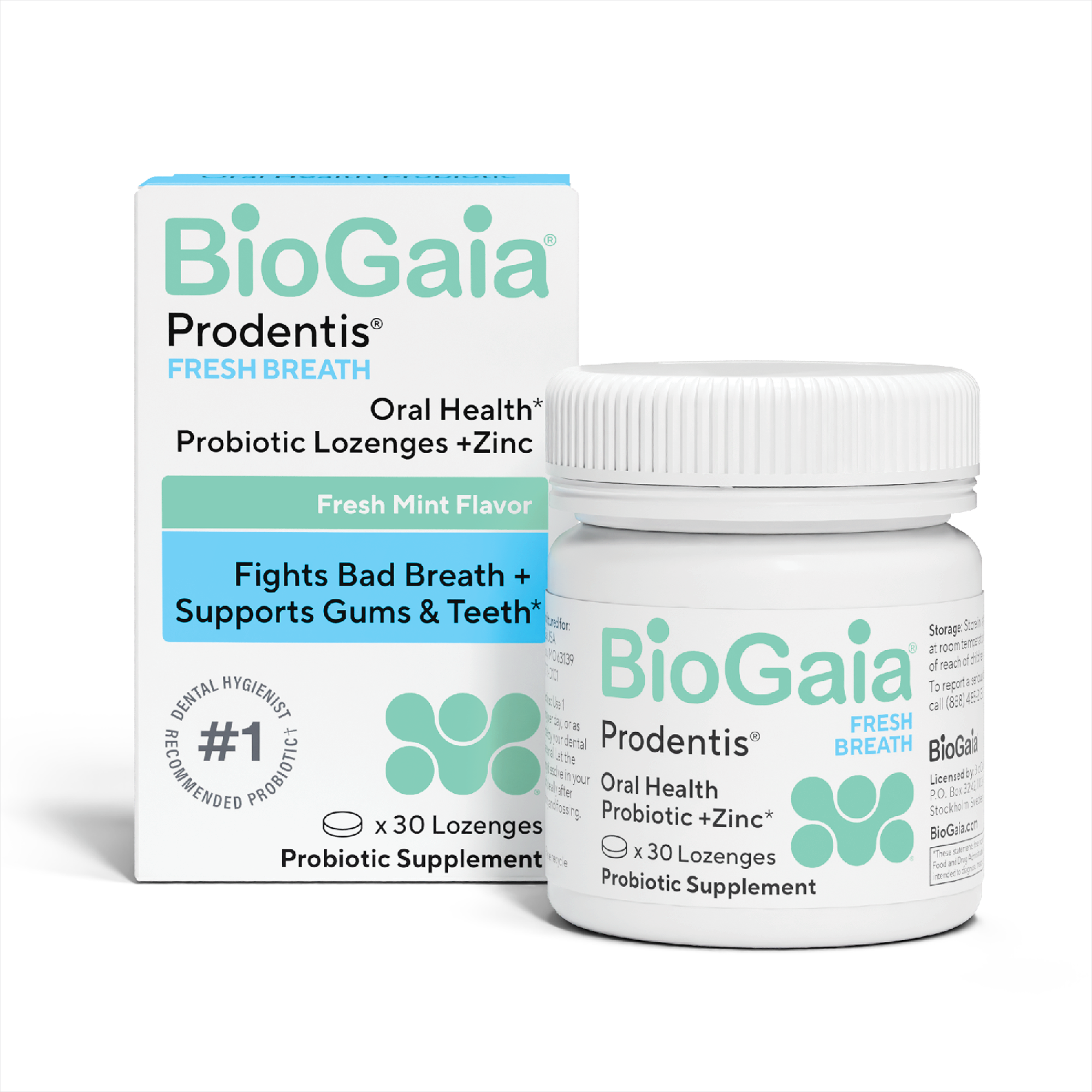 BioGaia Prodentis Fresh Breath probiotic lozenges with zinc bottle beside mint flavor box.