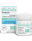 BioGaia Prodentis Fresh Breath probiotic lozenges with zinc bottle beside mint flavor box.