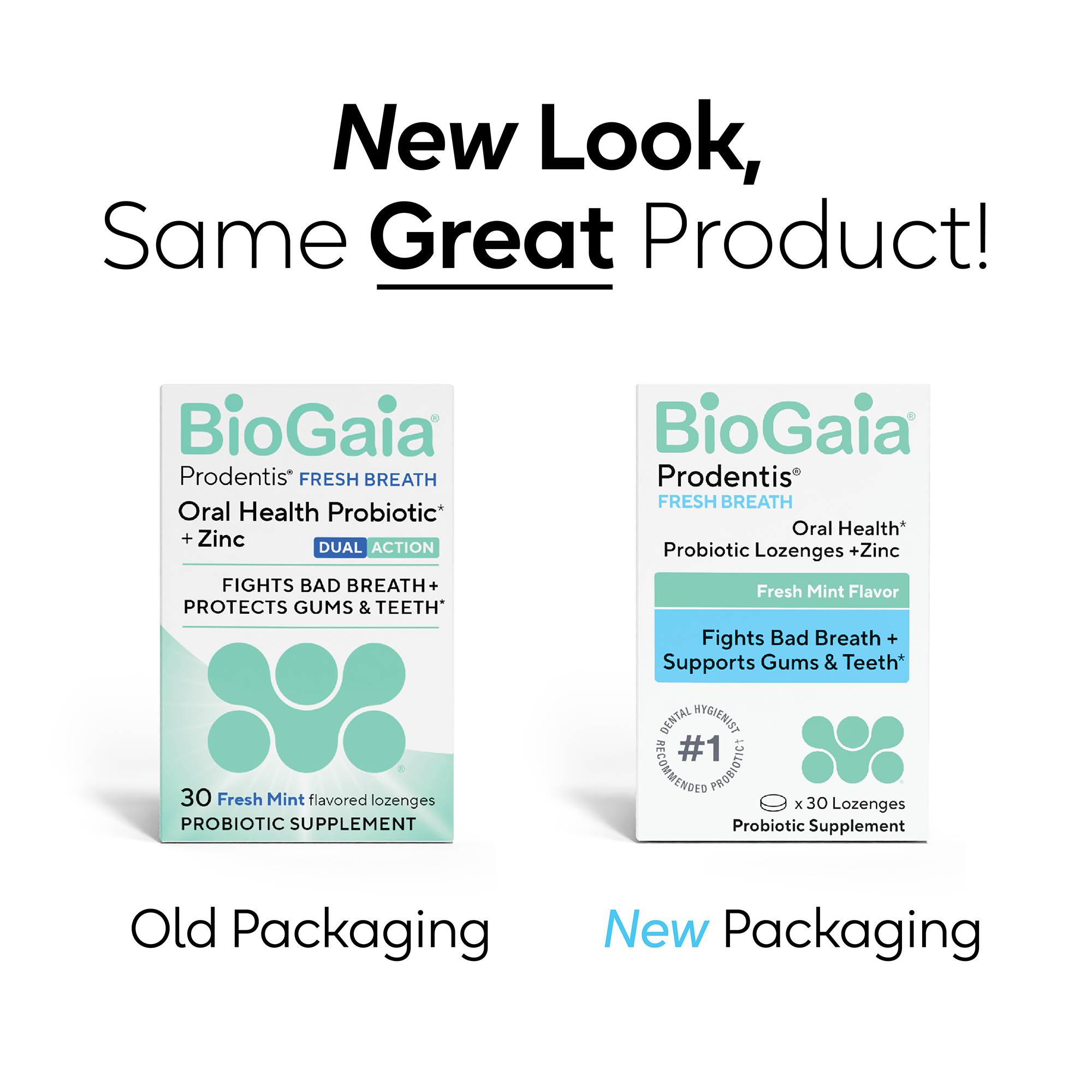 Old and new BioGaia Prodentis Fresh Breath probiotic lozenge boxes shown side by side.