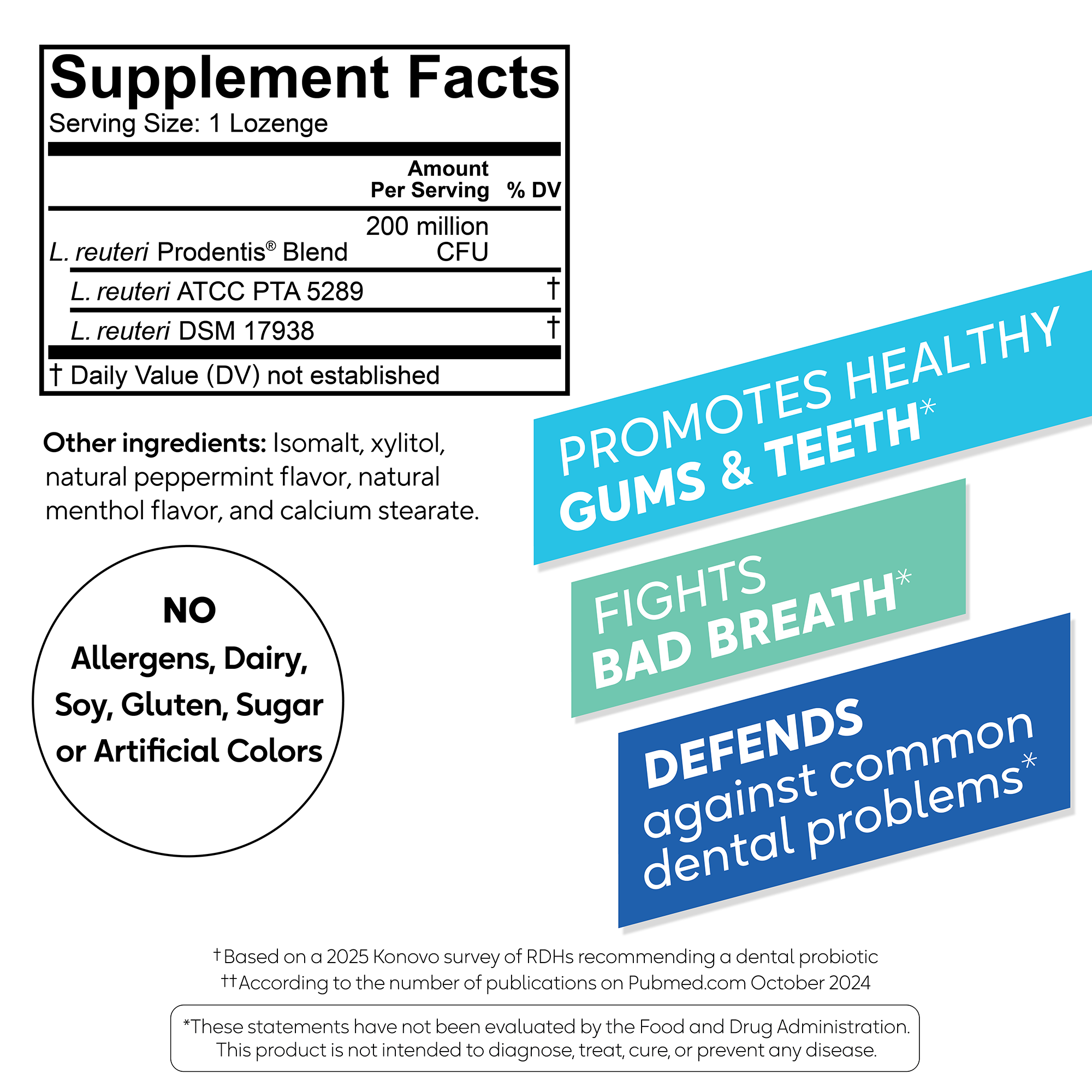 BioGaia Prodentis mint probiotic lozenges packaging featuring supplement facts and support of fresh breath and healthy gums.